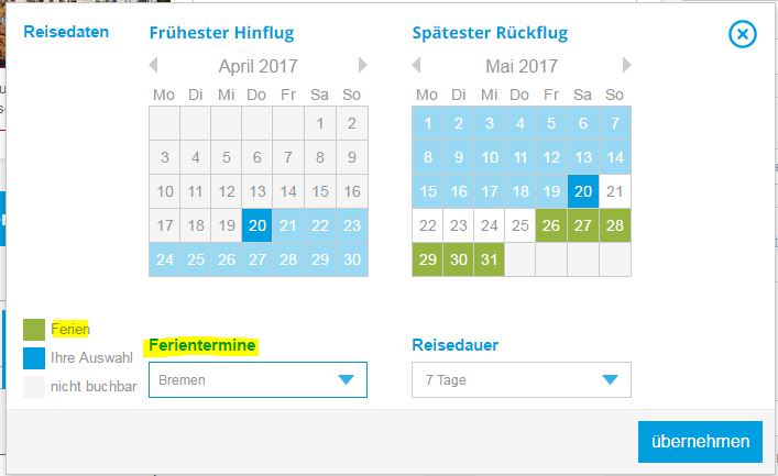 Ferientermine Buchung