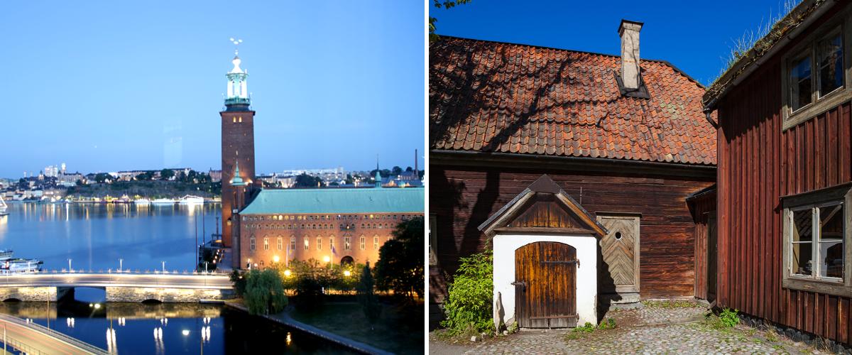 Das Rathaus in Stockholm und das Freilichtmuseum.