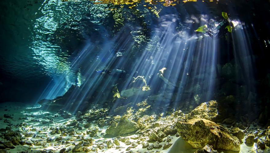 Lichtspiel unter Wasser der Cenoten in Mexico