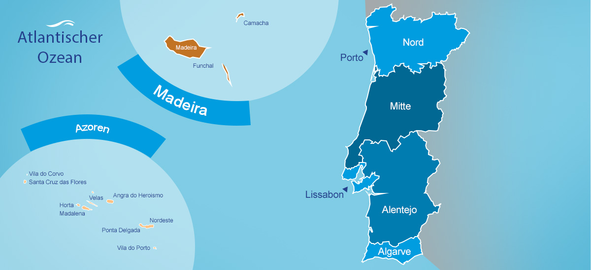 Portugal Karte mit den beliebtesten Urlaubsregionen