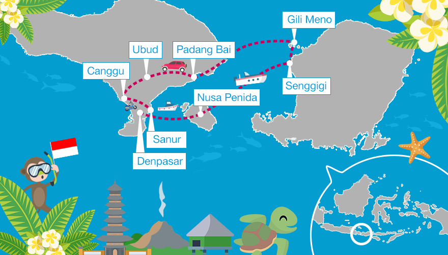 Karte von einer Rundreise in Indonesien (Bali, Nusa Penida, Lombok und Gili Meno)