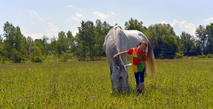 Pippi Langstrumpf mit Pferd auf einer Wiese