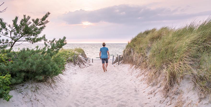 Rückansicht eines Mannes, der bei Sonnenuntergang im Sommer in Richtung Ostseeküste spaziert.