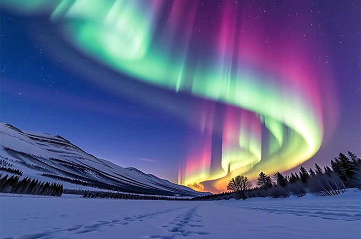 Ein atemberaubendes Schauspiel der Aurora Borealis mit lebhaften Farben, die den Nachthimmel erleuchten.