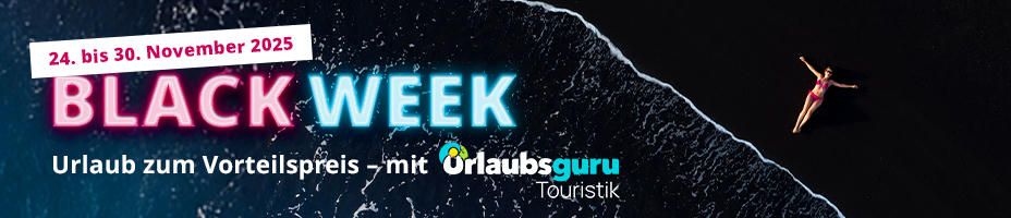 Luftaufnahme einer Person im roten Badeanzug, die über dunklem Wasser springt, mit Text '24. bis 30. November 2025 BLACK WEEK Urlaub zum Vorteilspreis – mit Urlaubsguru Touristik'.