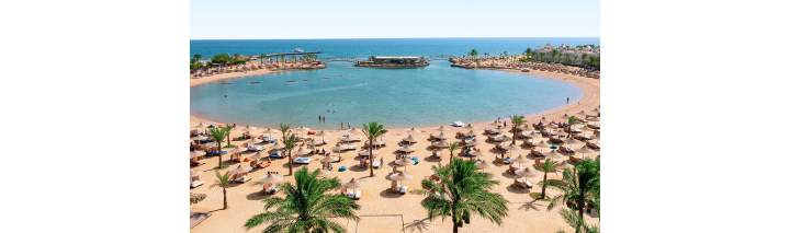 Bunter Hotelstrand in Hurghada, gesäumt von Palmen und vielen Sonnenschirmen, ideal für einen entspannten Tag am Meer.