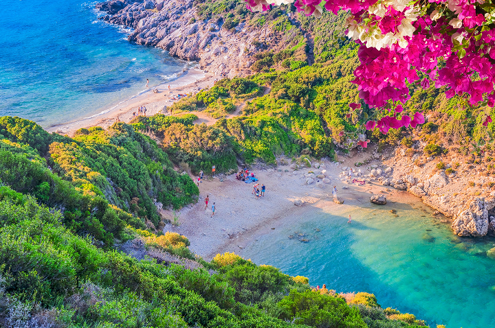 Wunderschöner Strand mit Bougainvillea-Blüten am Meer auf der Insel Kos, Griechenland.