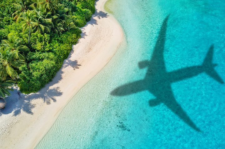 Schatten eines Flugzeugs auf einem tropischen Strand, umgeben von klarem Wasser und Palmen im Hintergrund.