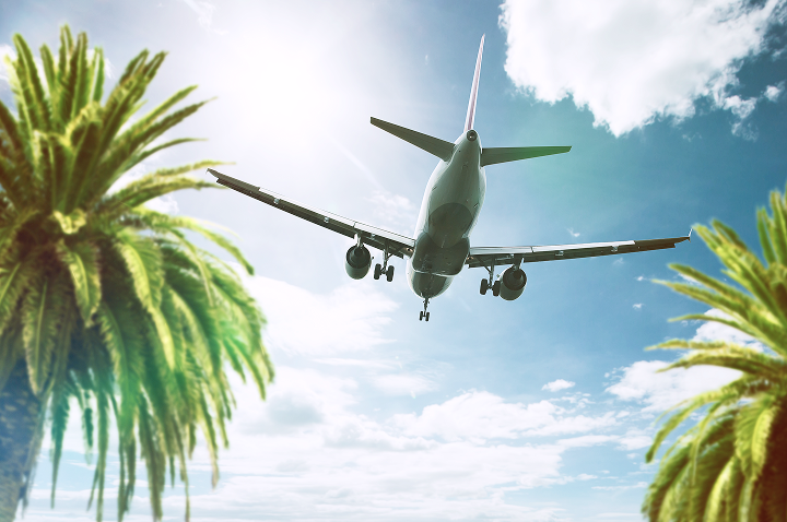 Ein Flugzeug fliegt über Palmen und den Ozean, während die Sonne am Horizont untergeht.