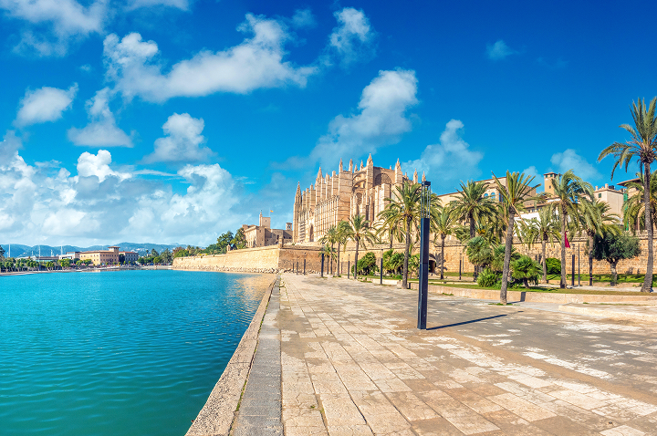 Blick auf Palma de Mallorca, wo ein Fluss sanft fließt und Palmen die lebendige Stadtlandschaft umrahmen.