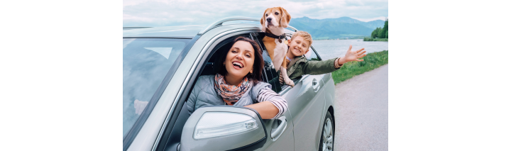 Eine Familie sitzt im Rücksitz eines Autos, umgeben von ihren Kindern und einem Hund, der fröhlich zwischen ihnen sitzt