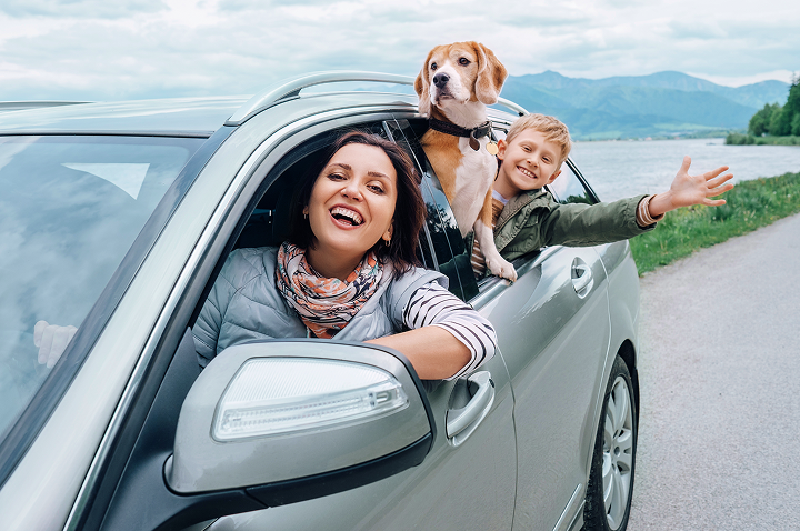 Eine Frau sitzt mit ihrem Sohn und einem Hund im Auto, alle lächeln und genießen die gemeinsame Zeit.