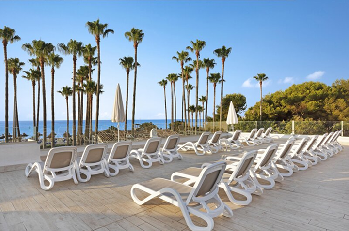 Reihe leerer Liegestühle auf einer Terrasse mit Blick auf das Meer und Palmen im Hintergrund.