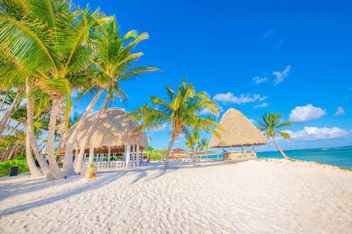 Strand mit weißem Sand, Palmen und zwei Strohdachhütten unter blauem Himmel mit wenigen Wolken.