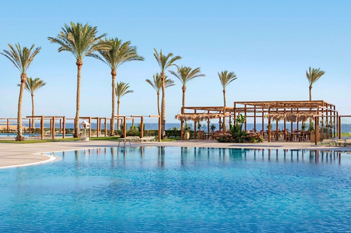 Großer Pool mit klarem blauem Wasser, umgeben von Palmen und Holzpergolen unter blauem Himmel.